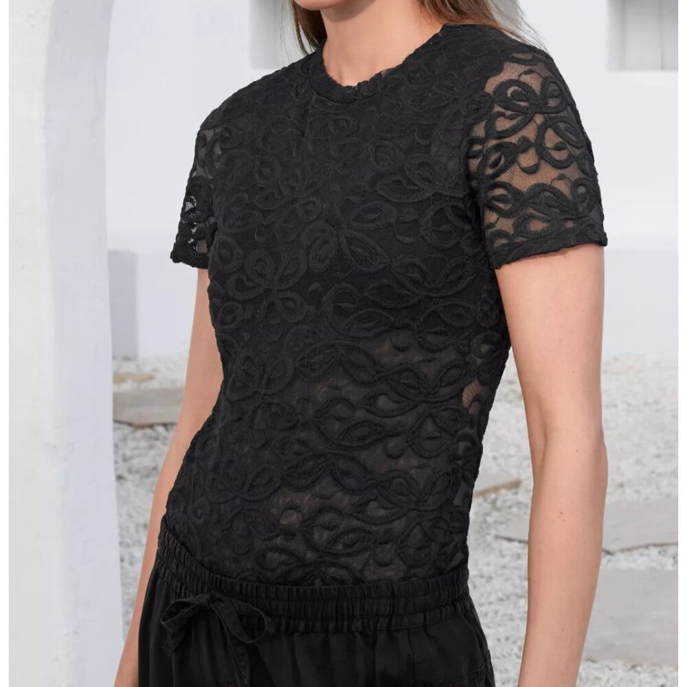 JOHNNY WAS JADE Astrid Short Sleeve Lace Embroidered Sheer Black Mesh Top